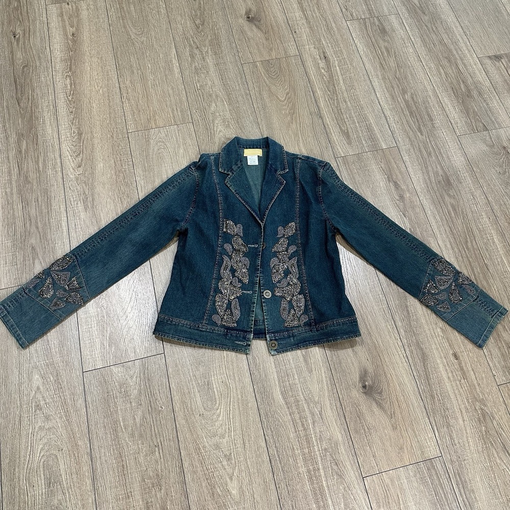 SEANDARA DENIM UNIQUE ZIP UP STRUCTURED JACKET BEADED SIZE MEDIUM